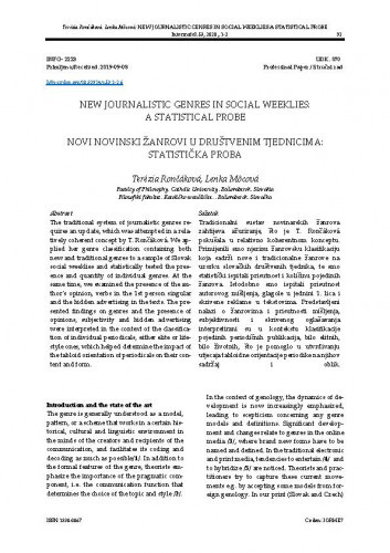 New journalistic genres in social weeklies : a statistical probe = Novi novinski žanrovi u društvenim tjednicima : statistička proba / Terézia Rončáková, Lenka Môcová.