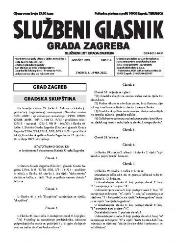 Službeni glasnik grada Zagreba : 66,16(2022) / glavna urednica Mirjana Lichtner Kristić.