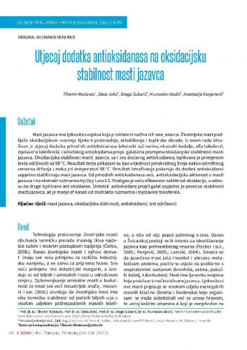 Utjecaj dodatka antioksidanasa na oksidacijsku stabilnost masti jazavca   / Tihomir Moslavac, Stela Jokić, Drago Šubarić, Krunoslav Aladić, Anastazija Konjarević.