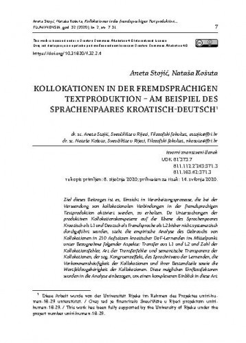 Kollokationen in der Fremdsprachigen Textproduktion : am Beispiel des Sprachenpaares Kroatisch-Deutsch / Aneta Stojić, Nataša Košuta.