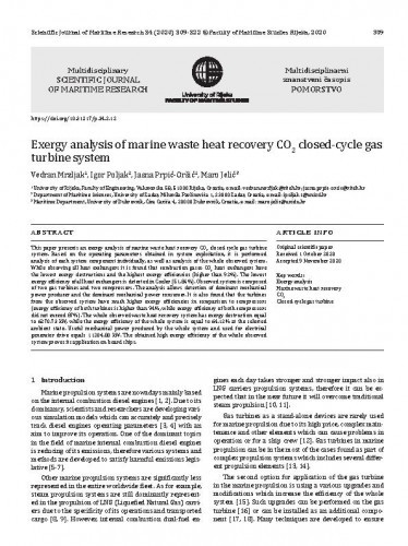 Exergy analysis of marine waste heat recovery CO2 closed-cycle gas turbine system / Vedran Mrzljak, Igor Poljak, Jasna Prpić-Oršić, Maro Jelić.