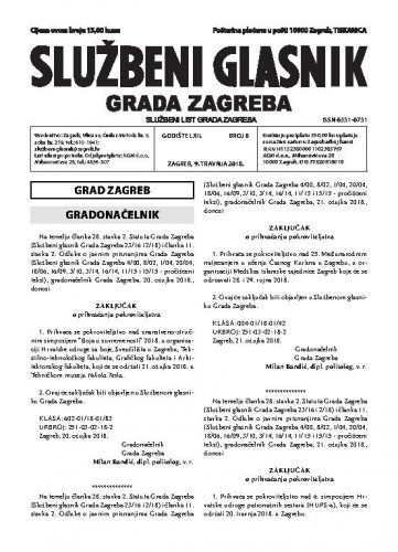 Službeni glasnik grada Zagreba : 62,8(2018) / glavna urednica Mirjana Lichtner Kristić.