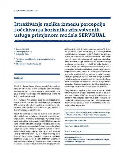 Istraživanje razlika između percepcije i očekivanja korisnika zdravstvenih usluga primjenom modela SERVQUAL / Suzana Marković, Irena Regent Turkalj, Aleksandar Racz.