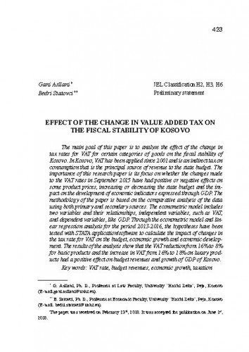 Effect of the change in value added tax on the fiscal stability of Kosovo /Gani Asllani, Bedri Statovci.