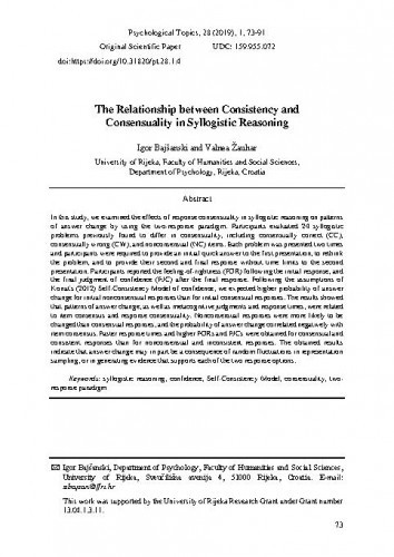 The relationship between consistency and consensuality in syllogistic reasoning / Igor Bajšanski, Valnea Žauhar.