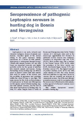 Seroprevalence of pathogenic Leptospira serovars in hunting dog in Bosnia and Herzegovina / Amel Ćutuk, Benjamin Čengić, Lejla Velić, Alenka Dovč, Renata Lindtner Knific, Ermin Šaljić, Pamela Bejdić.