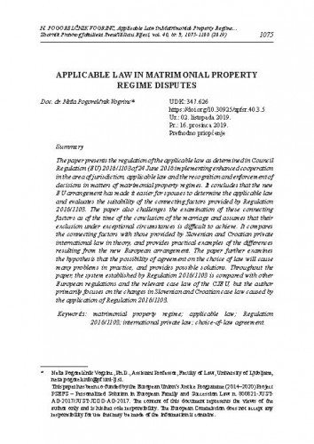 Applicable law in matrimonial property regime disputes / Neža Pogorelčnik Vogrinc.