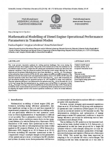 Mathematical modelling of diesel engine operational performance parameters in transient modes / Paulius Rapalis, Sergejus Lebedevas, Rima Mickevičienė.