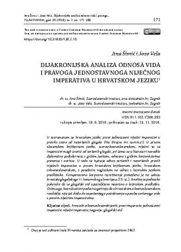 Dijakronijska analiza odnosa vida i pravoga jednostavnoga niječnog imperativa u hrvatskom jeziku /Ana Šimić, Jozo Vela.