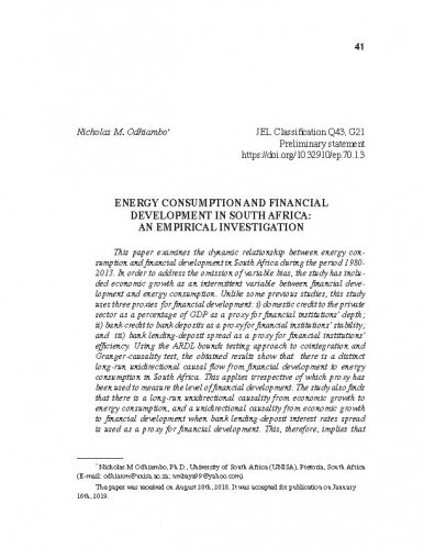 Energy consumption and financial development in South Africa : an empirical investigation / Nicholas M. Odhiambo.