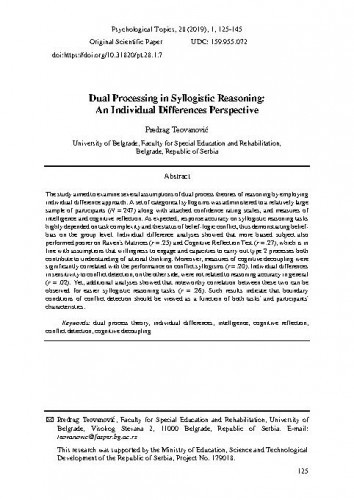 Dual processing in syllogistic reasoning : an individual differences perspective / Predrag Teovanović.