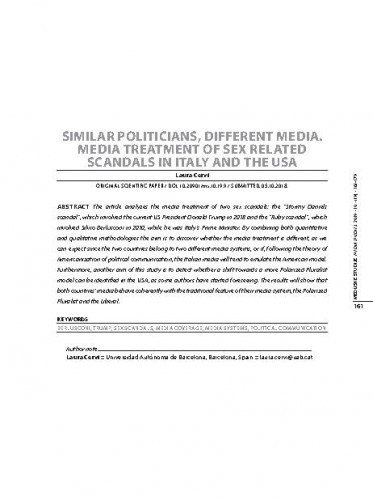 Similar politicians, different media : media treatment of sex related scandals in Italy and the USA / Laura Cervi.