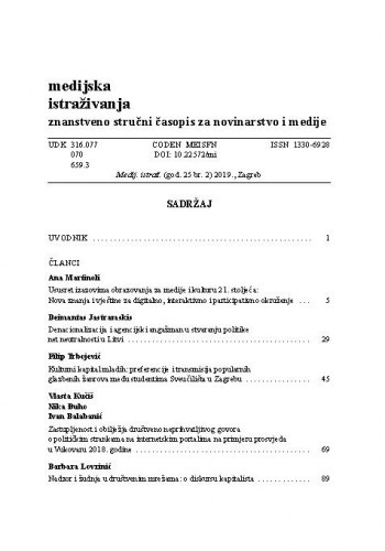Medijska istraživanja : znanstveno-stručni časopis za novinarstvo i medije = Media research : Croatian journal for journalism and media : 25,2(2019) / glavna urednica, editor-in-chief Nada Zgrabljić Rotar.
