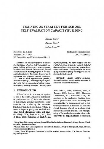 Training as strategy for school self-evaluation capacity building / Mateja Brejc, Klemen Širok, Andrej Koren.