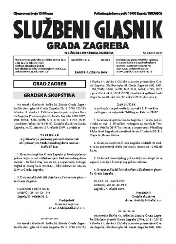 Službeni glasnik grada Zagreba : 63,5(2019) / glavna urednica Mirjana Lichtner Kristić.