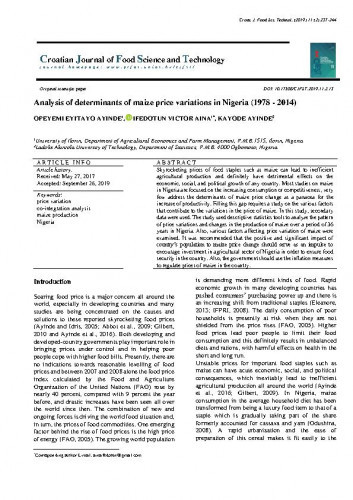 Analysis of determinants of maize price variations in Nigeria (1978 - 2014) / Opeyemi Eyitayo Ayinade, Ifedotun Victor Aina, Kayode Ayinade.