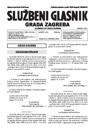 Službeni glasnik grada Zagreba : 63,26(2019) / glavna urednica Mirjana Lichtner Kristić.