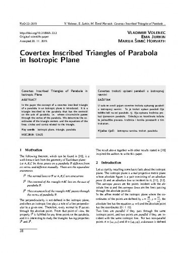 Covertex inscribed triangles of parabola in isotropic plane / Vladimir Volenec, Ema Jurkin, Marija Šimić Horvath.