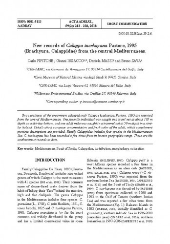New records of Calappa tuerkayana Pastore, 1995 (Brachyura, Calappidae) from the central Mediterranean /Carlo Pipitone, Gianni Insacco, Daniela Massi, Bruno Zava.