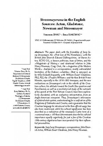 Strossmayerana in the English sources Acton, Gladstone, Newman and Strossmayer / Tihomir Živić, Šimo Šokčević.
