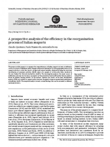 A prospective analysis of the efficiency in the reorganisation process of Italian seaports / Claudio Quintano, Paolo Mazzocchi, Antonella Rocca.