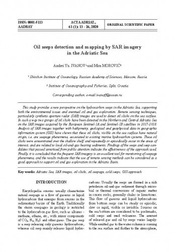Oil seeps detection and mapping by SAR imagery in the Adriatic Sea / Andrei Yu. Ivanov, Mira Morović.
