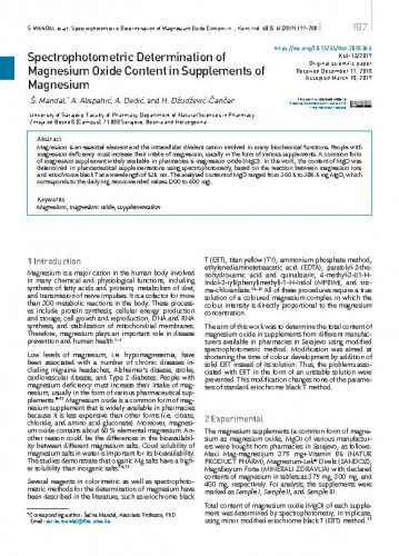 Spectrophotometric determination of magnesium oxide content in supplements of magnesium / Šaćira Mandal, Amra Alispahić, Alema Dedić, Hurija Džudžević Čančar.