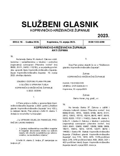 Službeni glasnik Koprivničko-križevačke županije : 31,16 (2023)  / glavni i odgovorni urednik Ljubica Belobrk Flamaceta.