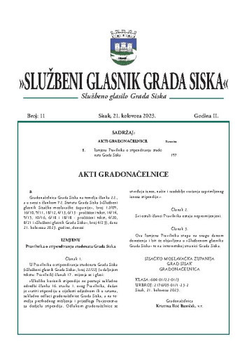 Službeni glasnik Grada Siska  : službeno glasilo Grada Siska : 2,11(2023) / uredništvo Gordana Karapandža Prica ... [et al.].