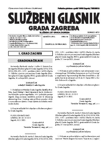 Službeni glasnik grada Zagreba : 67,16(2023)  / glavna urednica Mirjana Lichtner Kristić.