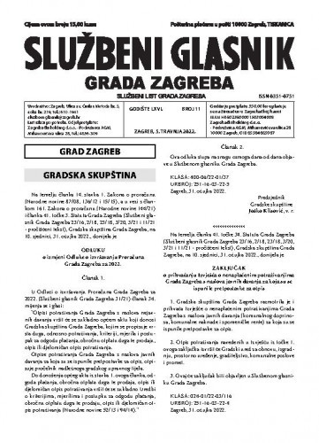 Službeni glasnik grada Zagreba : 66,11(2022) / glavna urednica Mirjana Lichtner Kristić.