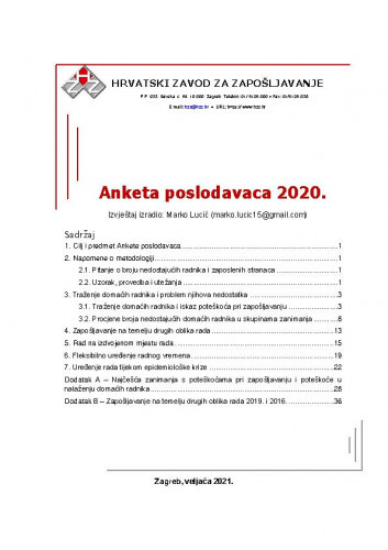 Anketa poslodavaca : rezultati provedbe : 2020 / Hrvatski zavod za zapošljavanje.