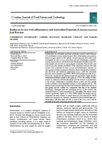 Studies on in-vitro anti-inflammatory and antioxidant potentials of Annona muricata leaf extracts / Idorenyin Nwaehujor, Samuel Akande, Olubunmi Atolani, Gabriel Olatunji.