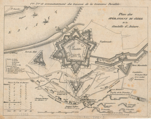 Plan des opérations du siège de la citadelle d'Anvers  : 1. ere, 2. me et commencement des travaux de la triosième parallele.