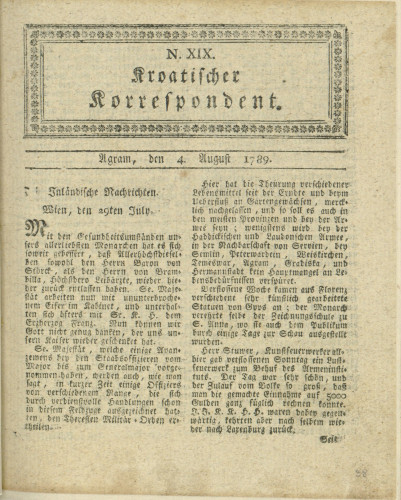 Kroatischer Korrespondent : 1,19(1789)   / [Johann Thomas].