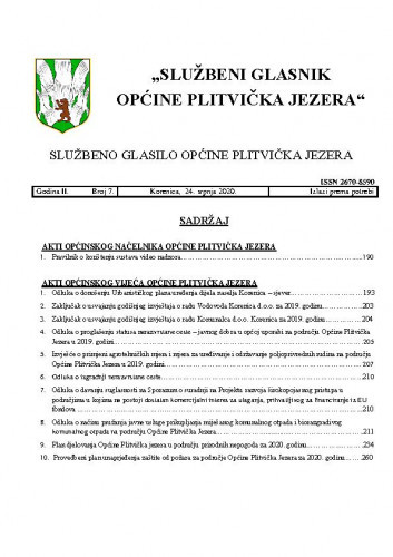 Službeni glasnik Općine Plitvička Jezera : službeno glasilo Općine Plitvička Jezera : 2,7(2020) / glavni i odgovorni urednik Marija Vlašić.