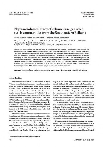 Phytosociological study of submontane genistoid scrub communities from the Southeastern Balkans / Georgi Kunev, Rossen Tzonev, Ioannis Tsiripidis, Kalina Pachedjieva.
