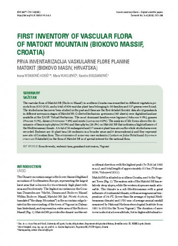 First inventory of vascular flora of Matokit mountain (Biokovo massif, Croatia) = Prva inventarizacija vaskularne flore planine Matokit (Biokovo masiv, Hrvatska) / Ivana Vitasović-Kosić, Mara Vukojević, Sandro Bogdanović.