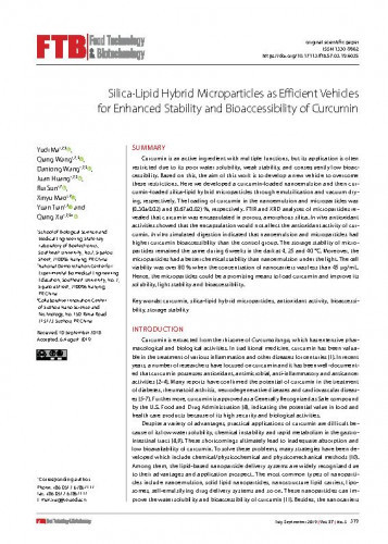 Silica-lipid hybrid microparticles as efficient vehicles for enhanced stability and bioaccessibility of curcumin / Yudi Ma, Qiang Wang, Dantong Wang, Juan Huang, Rui Sun, Xinyu Mao, Yuan Tian, Qiang Xia.
