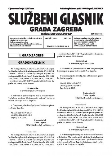 Službeni glasnik grada Zagreba : 63,10(2019) / glavna urednica Mirjana Lichtner Kristić.
