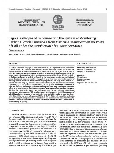 Legal challenges of implementing the system of monitoring carbon dioxide emissions from maritime transport within ports of call under the jurisdiction of EU member states / Željka Primorac.