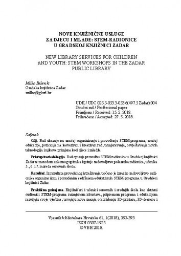 Nove knjižnične usluge Za djecu i mlade stem-radionice u Gradskoj knjižnici Zadar / Milko Belevski.