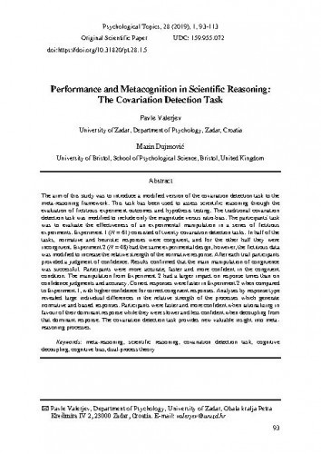 Performance and metacognition in scientific reasoning : the covariation detection task / Pavle Valerjev, Marin Dujmović.