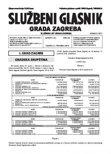 Službeni glasnik grada Zagreba : 62,28(2018) / glavna urednica Mirjana Lichtner Kristić.