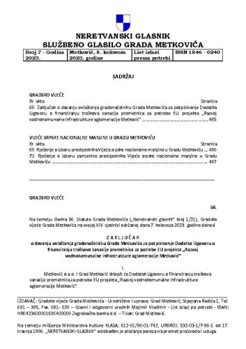 Neretvanski glasnik  : službeno glasilo grada Metkovića : 7(2023) / glavni i odgovorni urednik Mojmir Vladimir.