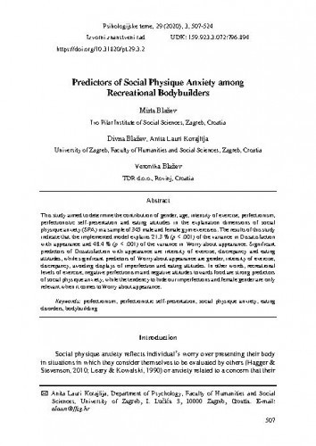 Predictors of social physique anxiety among recreational bodybuilders / Mirta Blažev, Divna Blažev, Anita Lauri Korajlija, Veronika Blažev.
