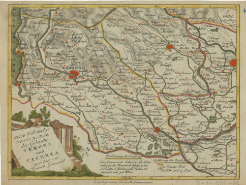 Neue Vollständige Post Karte der Gebüchte Verona und Vicenza  / gezeichnet von Heinrich Grünwald