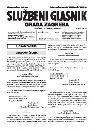 Službeni glasnik grada Zagreba : 65, 23(2021) / glavna urednica Mirjana Lichtner Kristić.