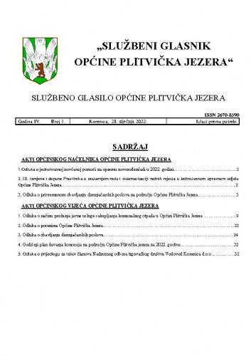 Službeni glasnik Općine Plitvička Jezera : službeno glasilo Općine Plitvička Jezera : 4,1(2022) / glavni i odgovorni urednik Marija Vlašić.
