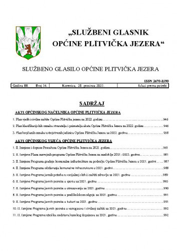 Službeni glasnik Općine Plitvička Jezera : službeno glasilo Općine Plitvička Jezera : 3,14(2021) / glavni i odgovorni urednik Marija Vlašić.